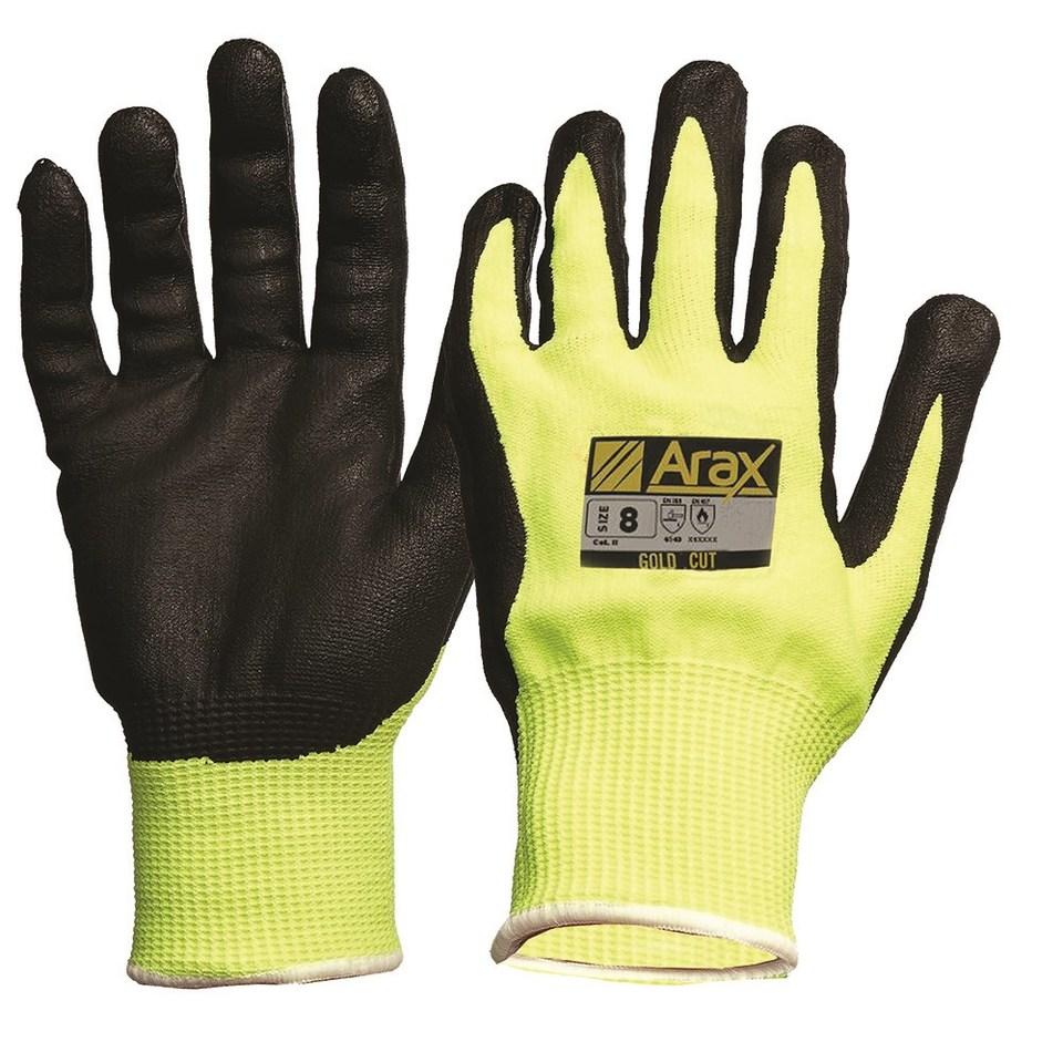 ARAX® Gold, Nitrile Sand Dip on Hi-Vis Yellow Liner, Size 9 - Paramount