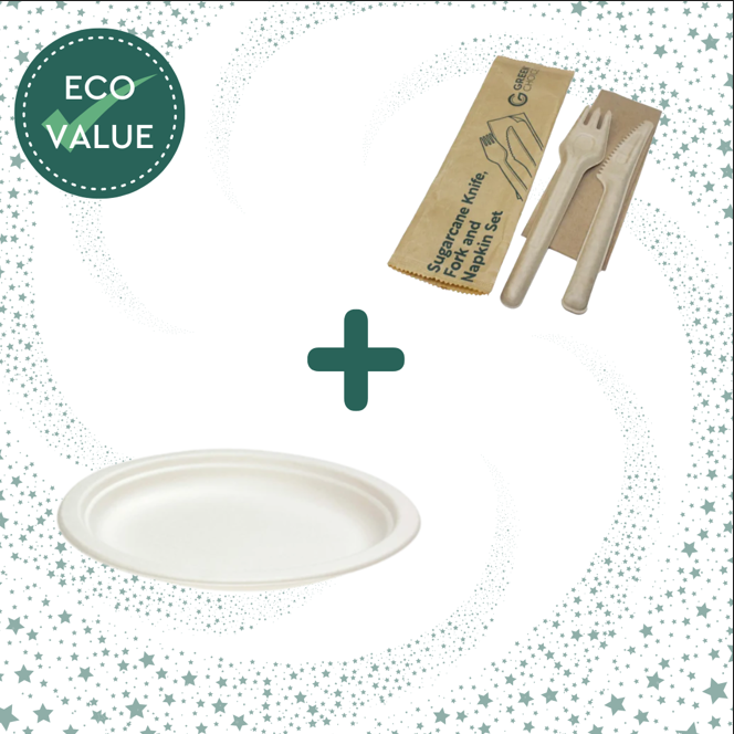 EcoValue™ Pack Sugarcane Cutlery Set & Sugarcane Dinner Plates 23cm - Green Choice