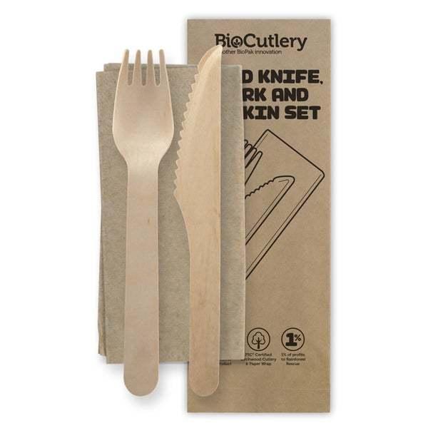 16cm Wooden Knife, Fork & Napkin Set - BioPak