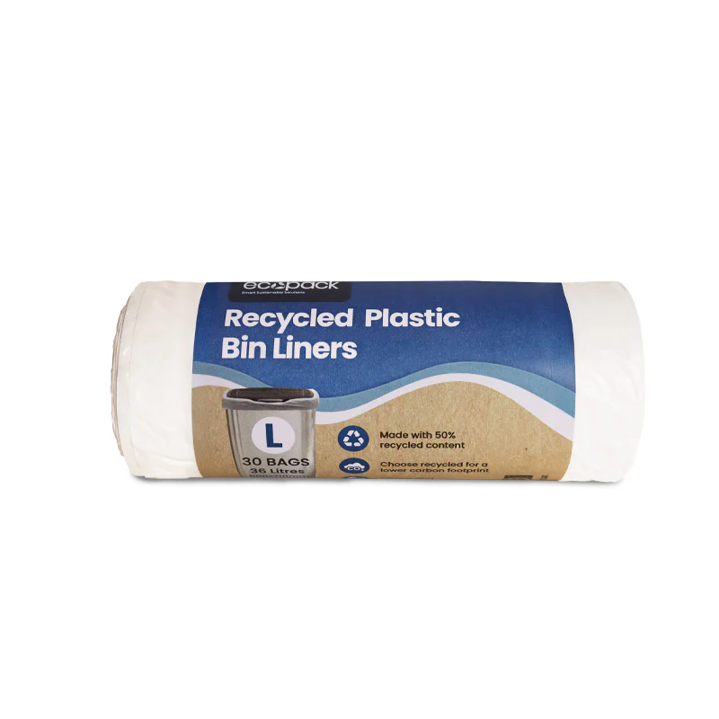 36L Large Recycled Plastic Bin Liners (White) Roll (30 Bags) - Ecopack