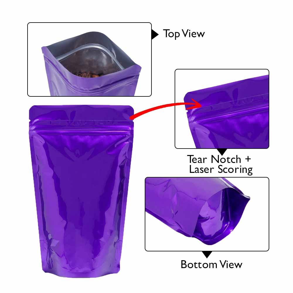 Stand Up Pouch 150g Shiny Purple both sides with Zip, No Valve, 130w x 210h x (40 + 40)g